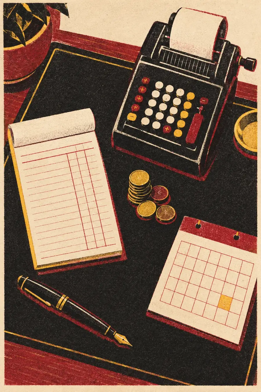Illustration of an invoice pad, adding machine, coins, and a calendar on a desk