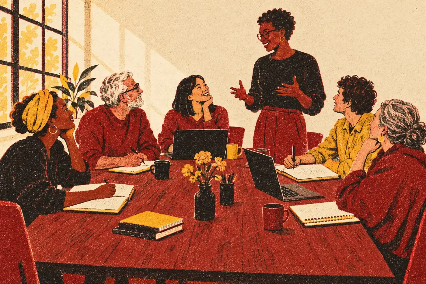 Illustration of six writers around a long table in a sunlit room, notebooks and laptops open