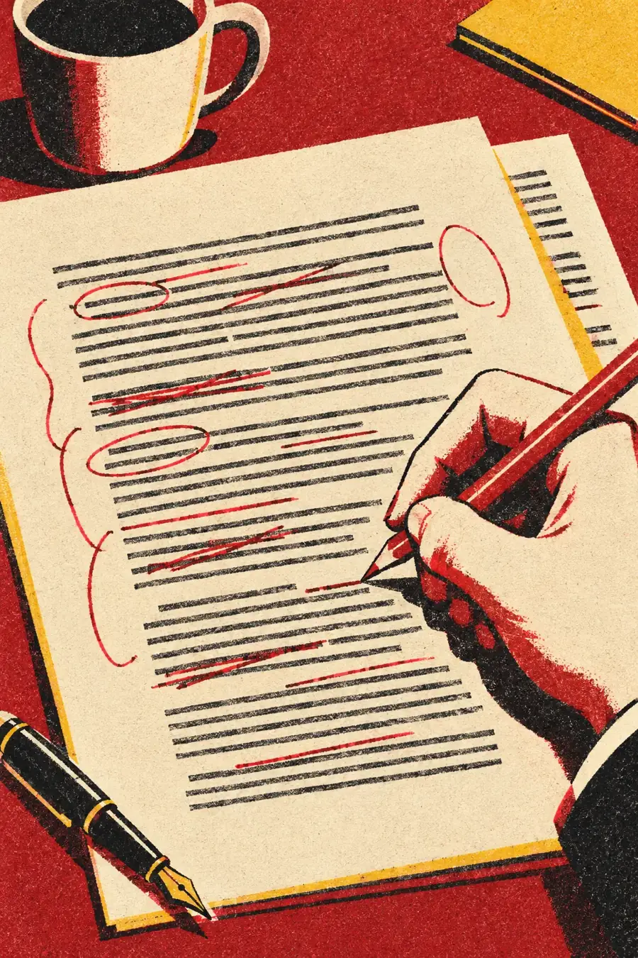 Illustration of a hand marking up a manuscript page with a red pencil
