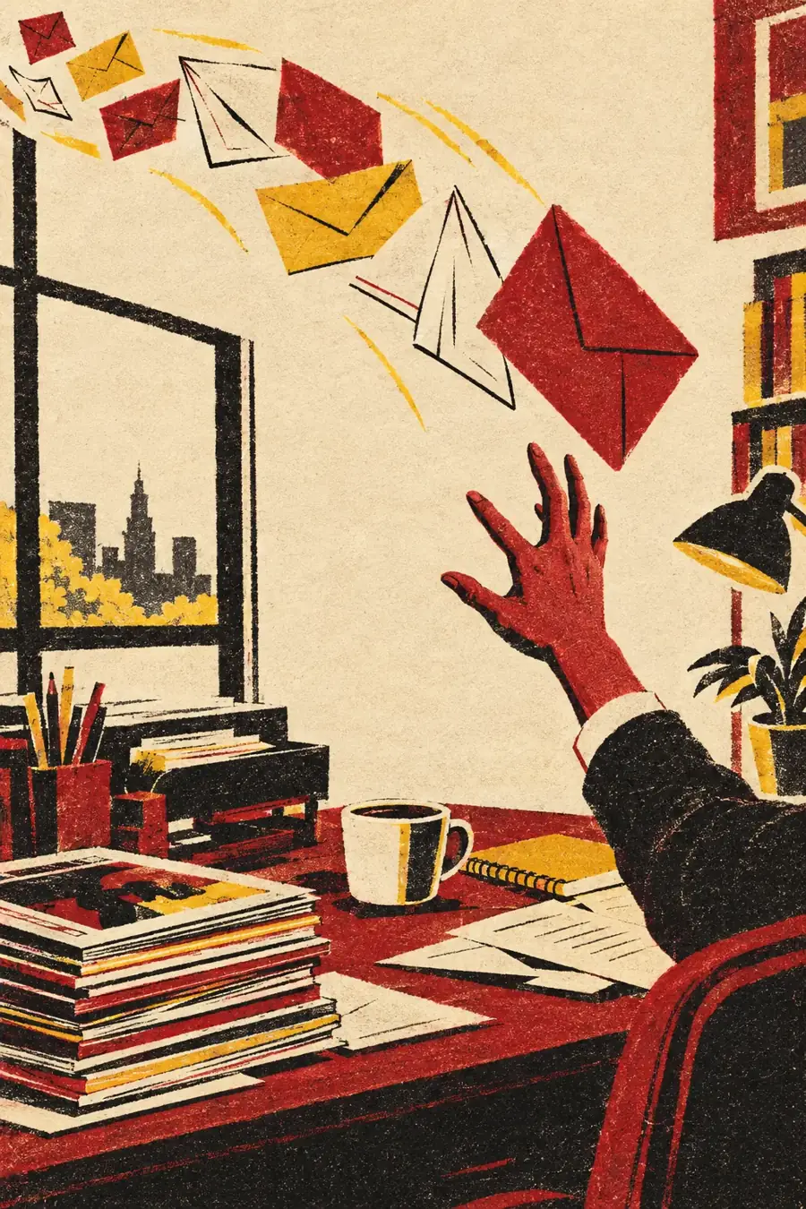 Illustration of envelopes and letters flying toward an editor's desk