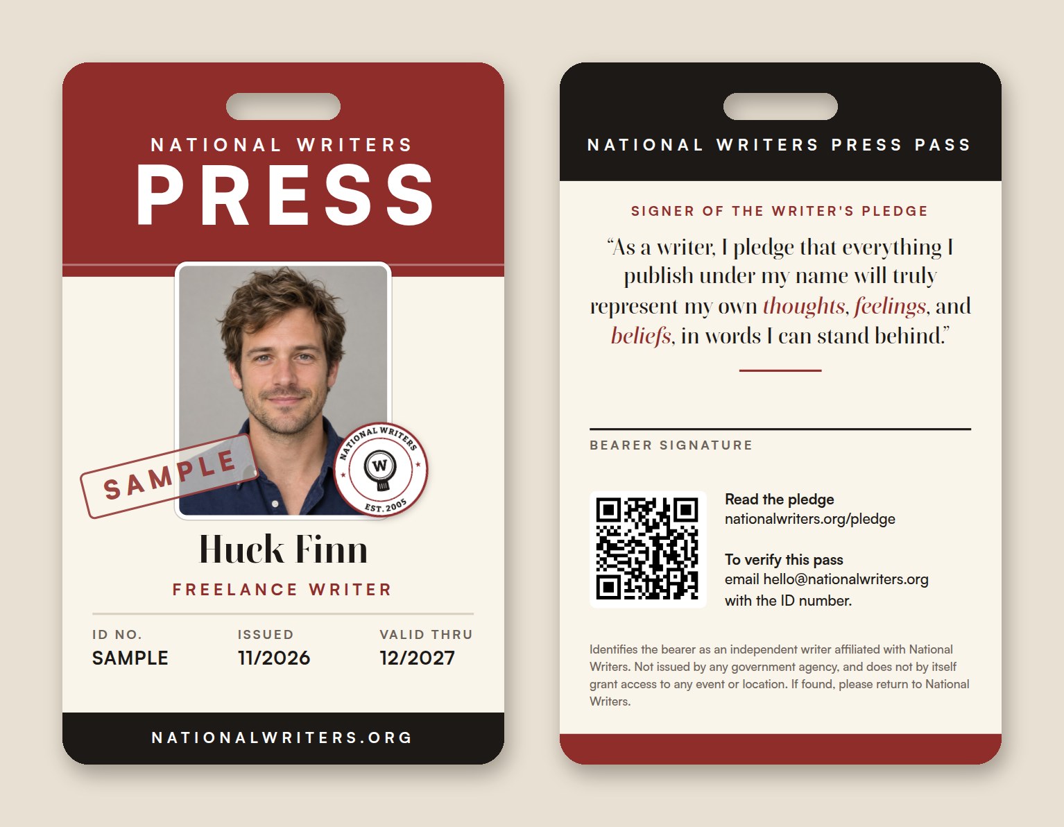 Sample National Writers Press Pass, front and back. The front shows a red PRESS band, a headshot with a SAMPLE stamp, the name Huck Finn, Freelance Writer, and issue and expiration dates. The back shows the Writer's Pledge, a signature line, and a QR code.
