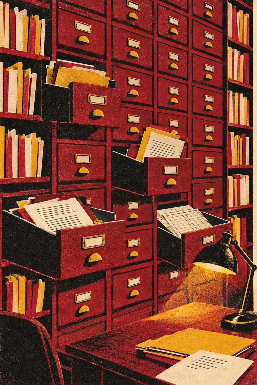Illustration of library card-catalog drawers and folders of contracts